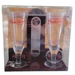 Budweiser Wooden Bar Stand & 2 Pilsner Glasses Bottle Opener 2006 Gift Christmas